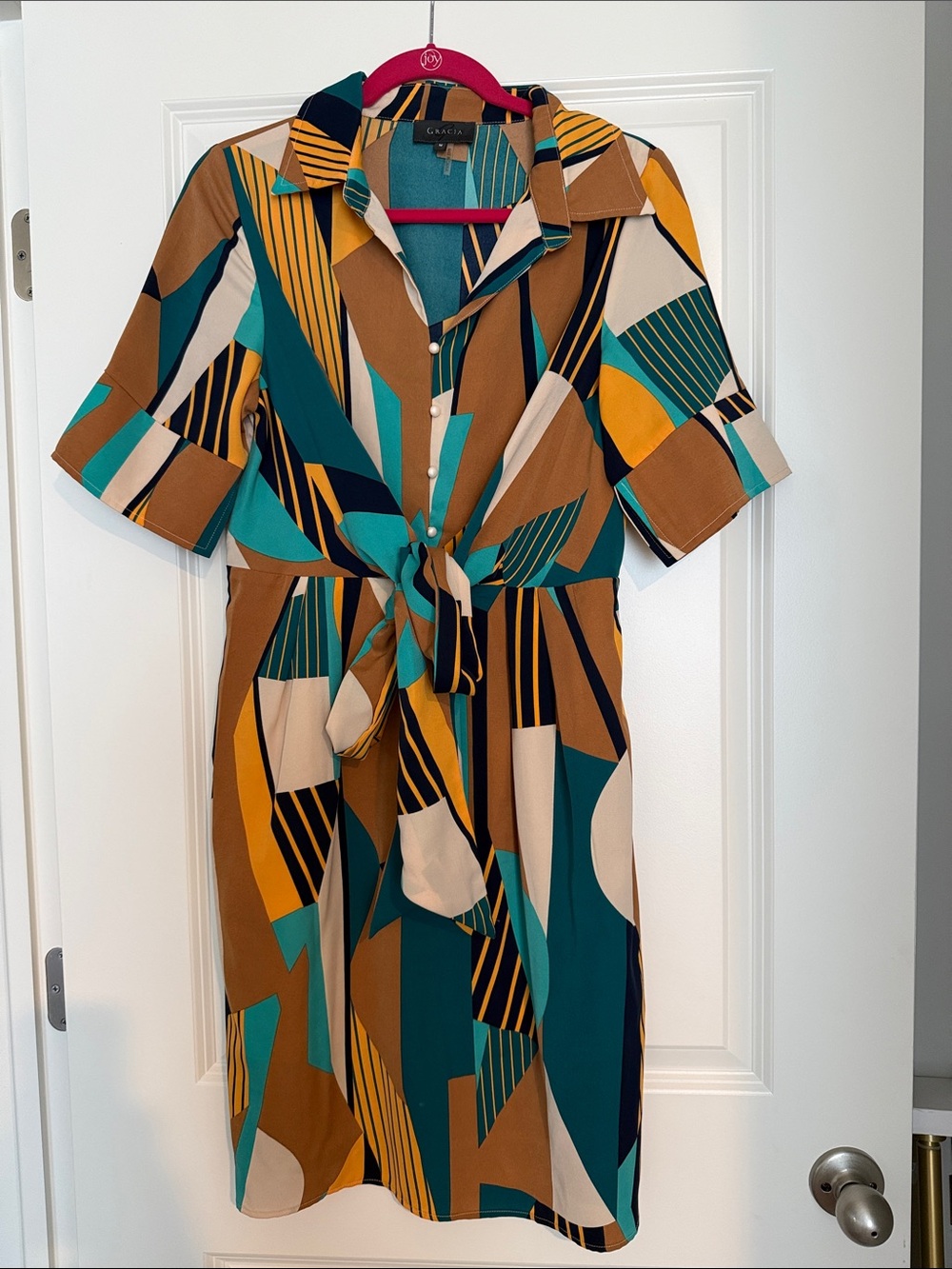 Geometric Print Tie-Waist Shirt Dress - Teal & Mustard